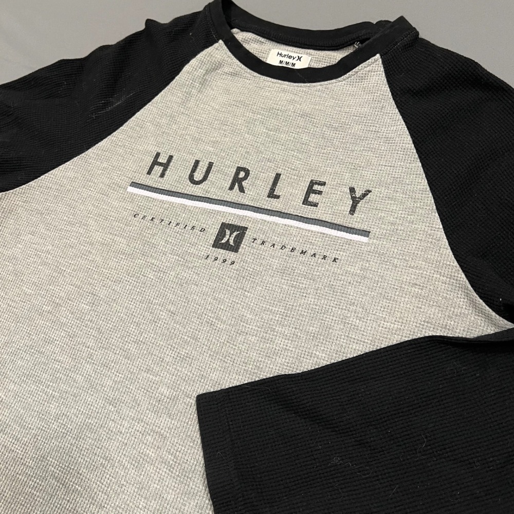 Hurley Mens Waffle Knit Thermal Raglan Baseball Tee Grey Black Size M